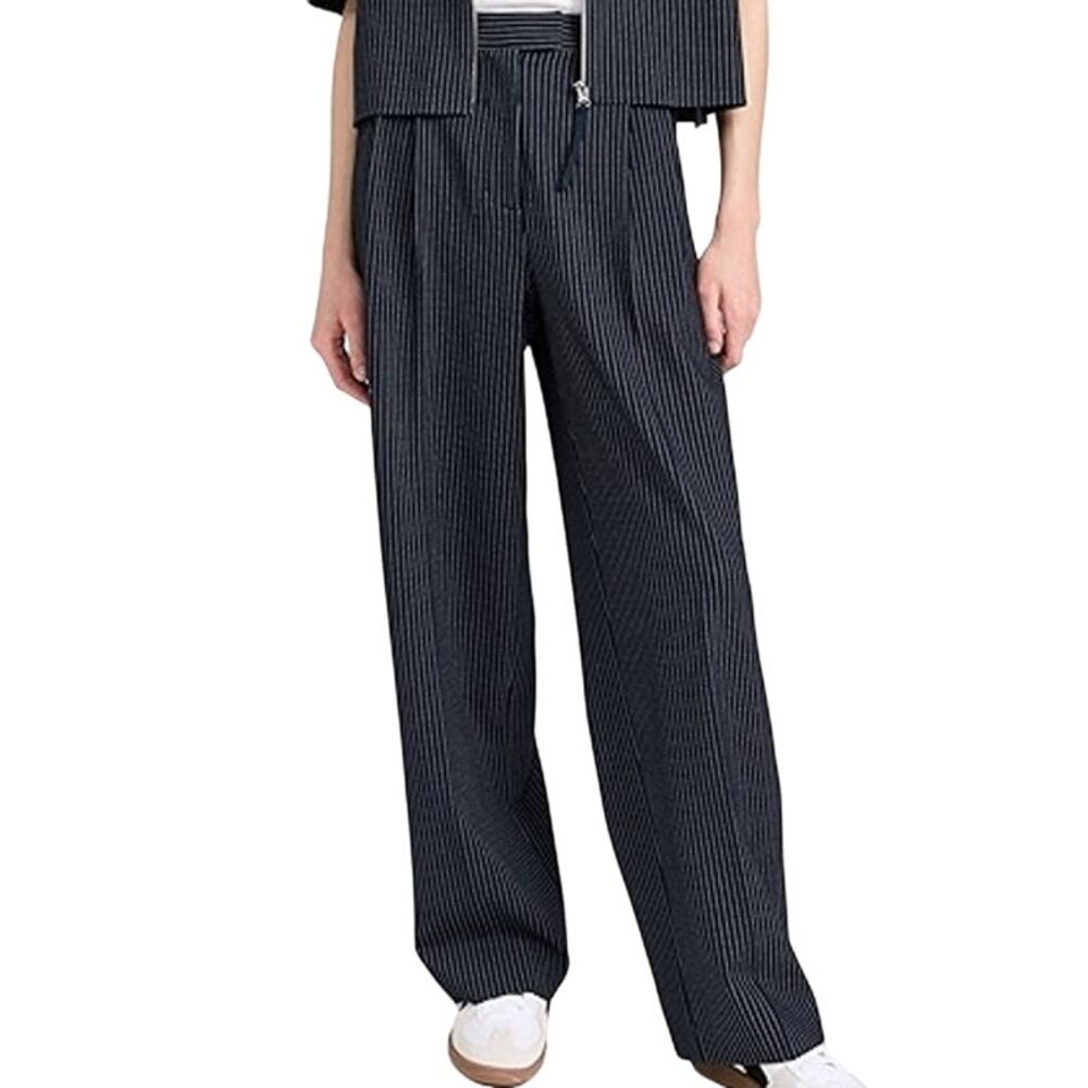 Theory Demitria Pale Stripe Pants Zip Fly High Rise Wide Leg Navy Blue 8